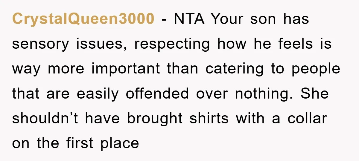 CrystalQueen3000 − NTA Your son has sensory issues, respecting how he feels is way more important than catering to people that are easily offended over nothing. She shouldn’t have brought...