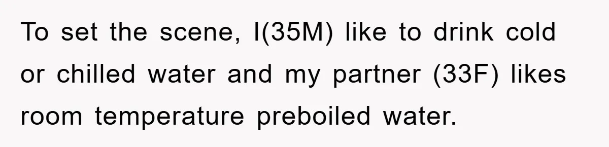 To set the scene, I(35M) like to drink cold or chilled water and my partner (33F) likes room temperature preboiled water.