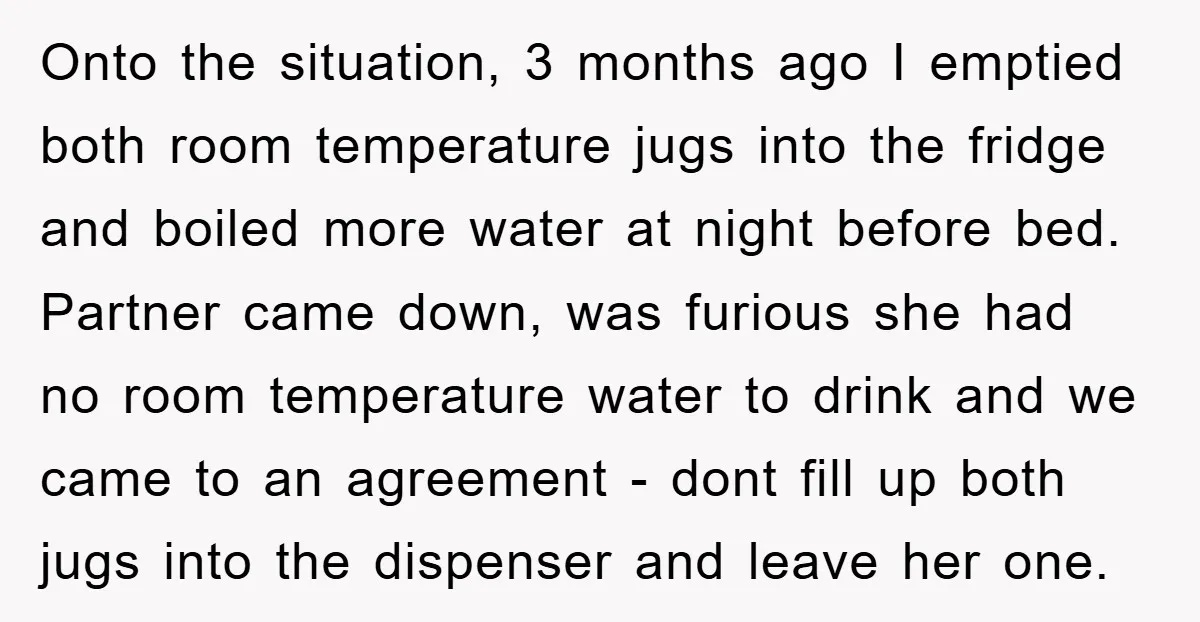 Onto the situation, 3 months ago I emptied both room temperature jugs into the fridge and boiled more water at night before bed. Partner came down, was furious she had...