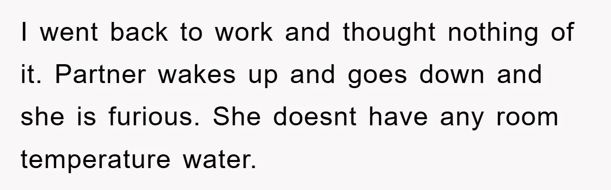 I went back to work and thought nothing of it. Partner wakes up and goes down and she is furious. She doesnt have any room temperature water.