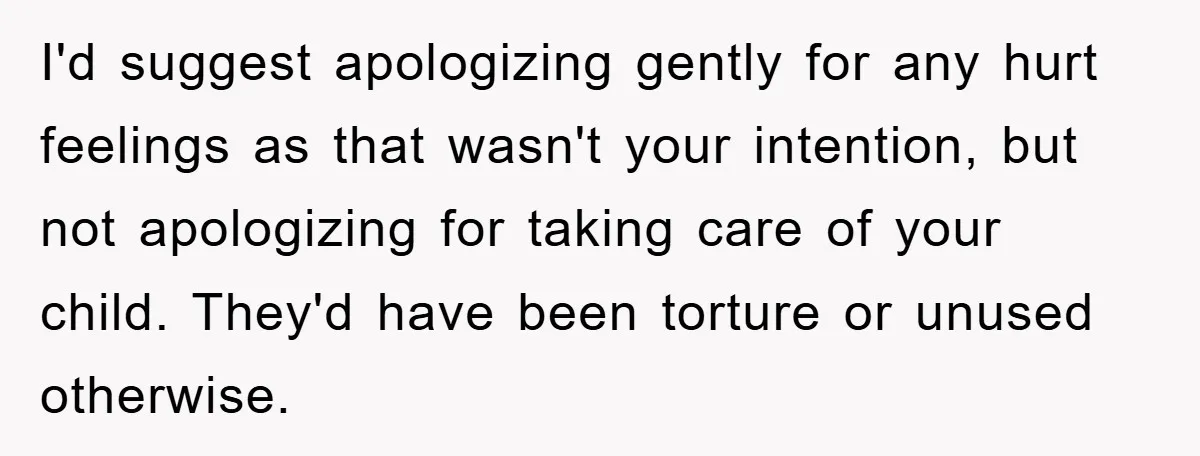 I'd suggest apologizing gently for any hurt feelings as that wasn't your intention, but not apologizing for taking care of your child. They'd have been torture or unused otherwise.