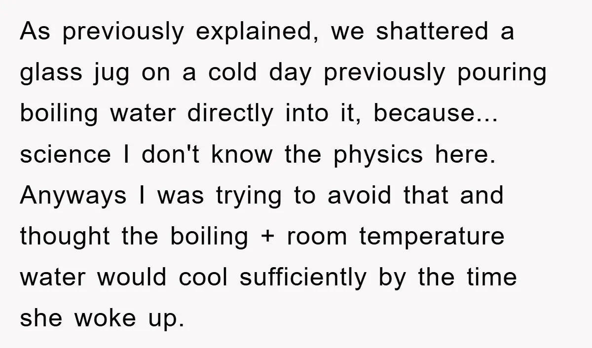 As previously explained, we shattered a glass jug on a cold day previously pouring boiling water directly into it, because... science I don't know the physics here. Anyways I was...
