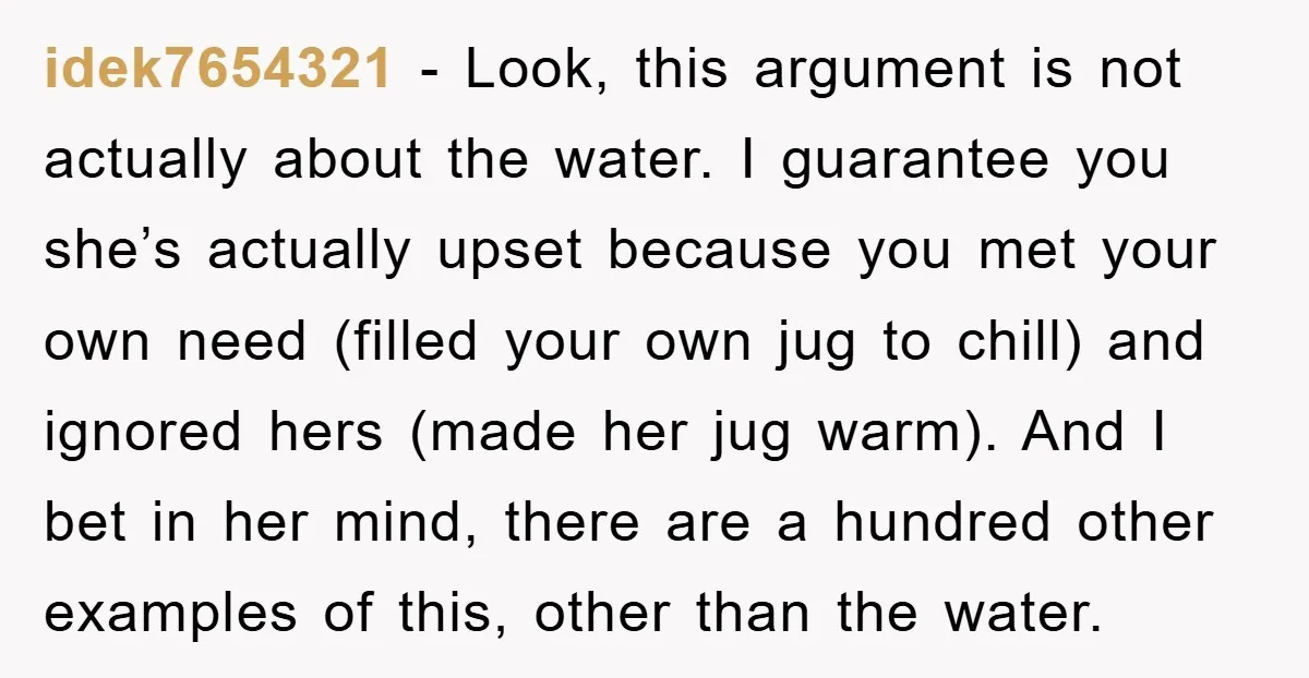 idek7654321 − Look, this argument is not actually about the water. I guarantee you she’s actually upset because you met your own need (filled your own jug to chill) and...