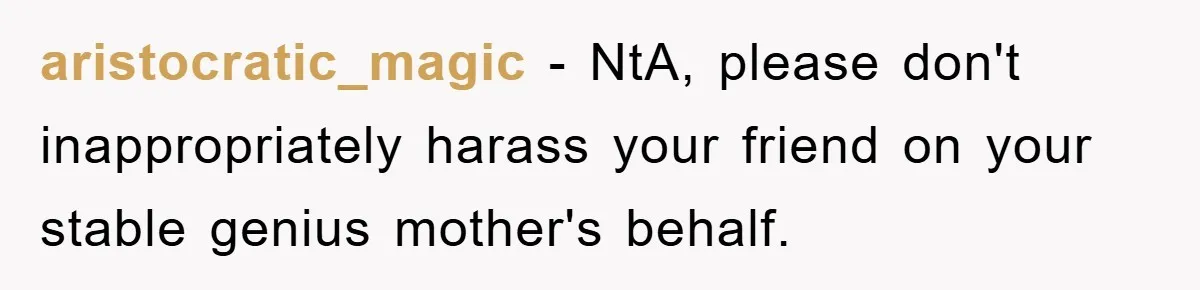 aristocratic_magic − NtA, please don't inappropriately harass your friend on your stable genius mother's behalf.
