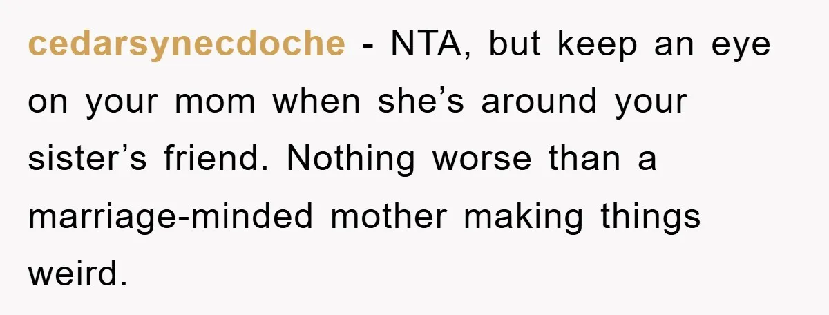 cedarsynecdoche − NTA, but keep an eye on your mom when she’s around your sister’s friend. Nothing worse than a marriage-minded mother making things weird.