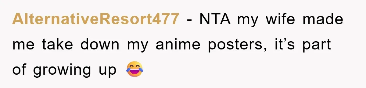 AlternativeResort477 − NTA my wife made me take down my anime posters, it’s part of growing up 😂