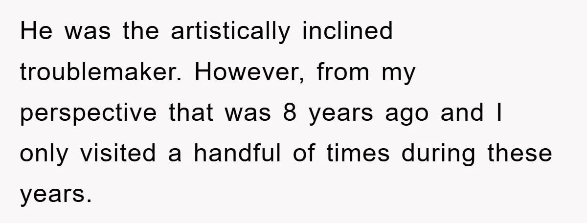 He was the artistically inclined troublemaker. However, from my perspective that was 8 years ago and I only visited a handful of times during these years.