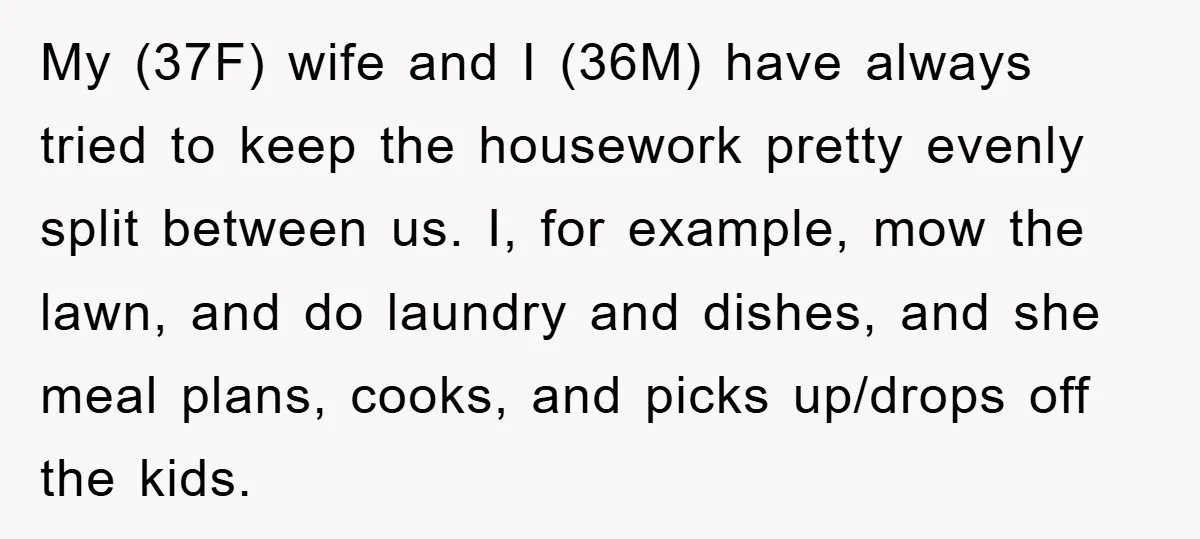 My (37F) wife and I (36M) have always tried to keep the housework pretty evenly split between us. I, for example, mow the lawn, and do laundry and dishes, and...