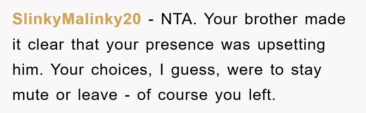 SlinkyMalinky20 − NTA. Your brother made it clear that your presence was upsetting him. Your choices, I guess, were to stay mute or leave - of course you left.
