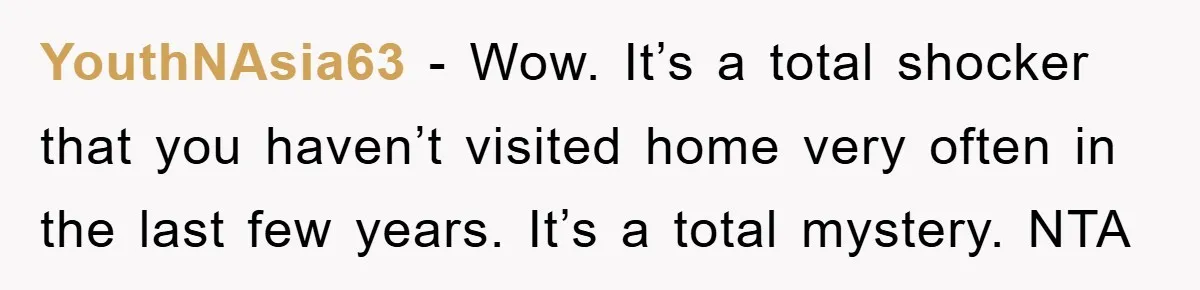 YouthNAsia63 − Wow. It’s a total shocker that you haven’t visited home very often in the last few years. It’s a total mystery. NTA