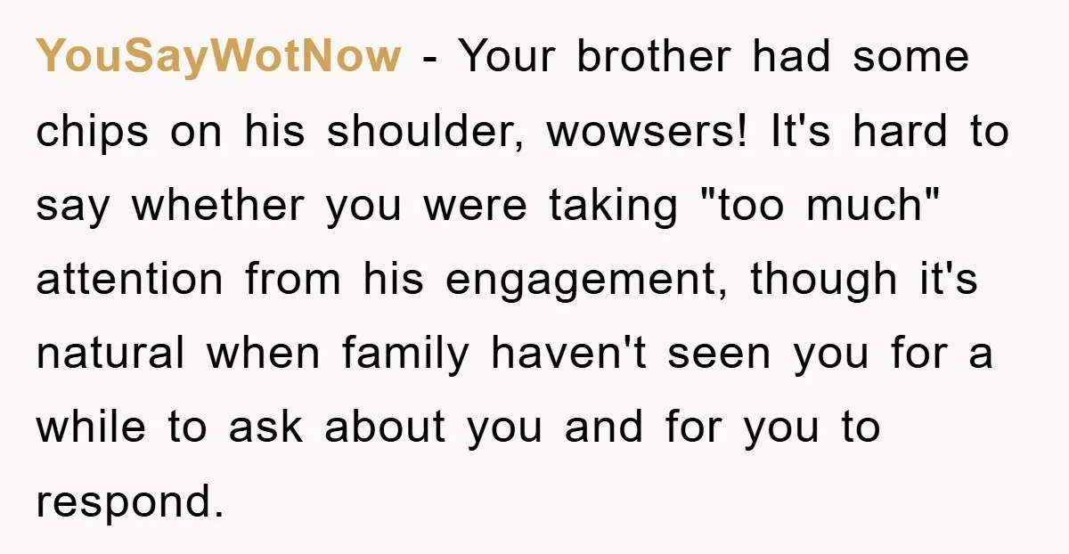 YouSayWotNow − Your brother had some chips on his shoulder, wowsers! It's hard to say whether you were taking "too much" attention from his engagement, though it's natural when family...