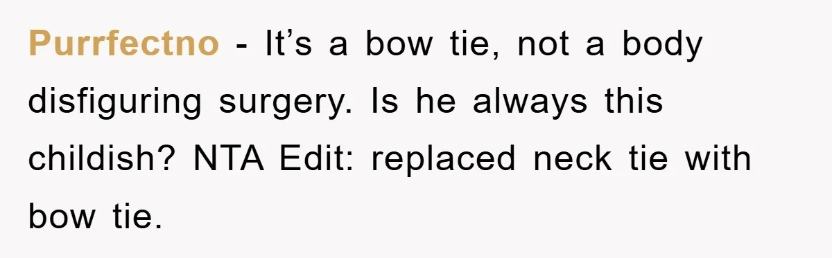 Purrfectno − It’s a bow tie, not a body disfiguring surgery. Is he always this childish? NTA Edit: replaced neck tie with bow tie.