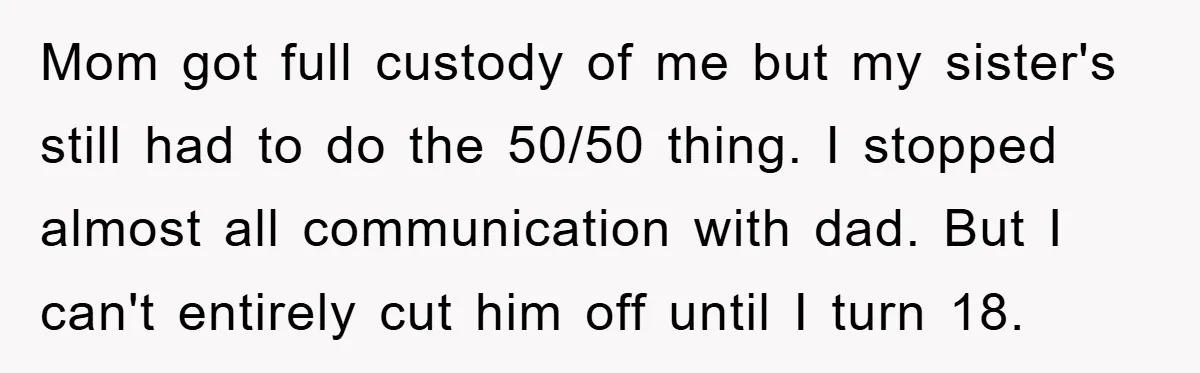 Mom got full custody of me but my sister's still had to do the 50/50 thing. I stopped almost all communication with dad. But I can't entirely cut him off...