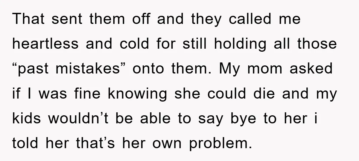 That sent them off and they called me heartless and cold for still holding all those “past mistakes” onto them. My mom asked if I was fine knowing she could...