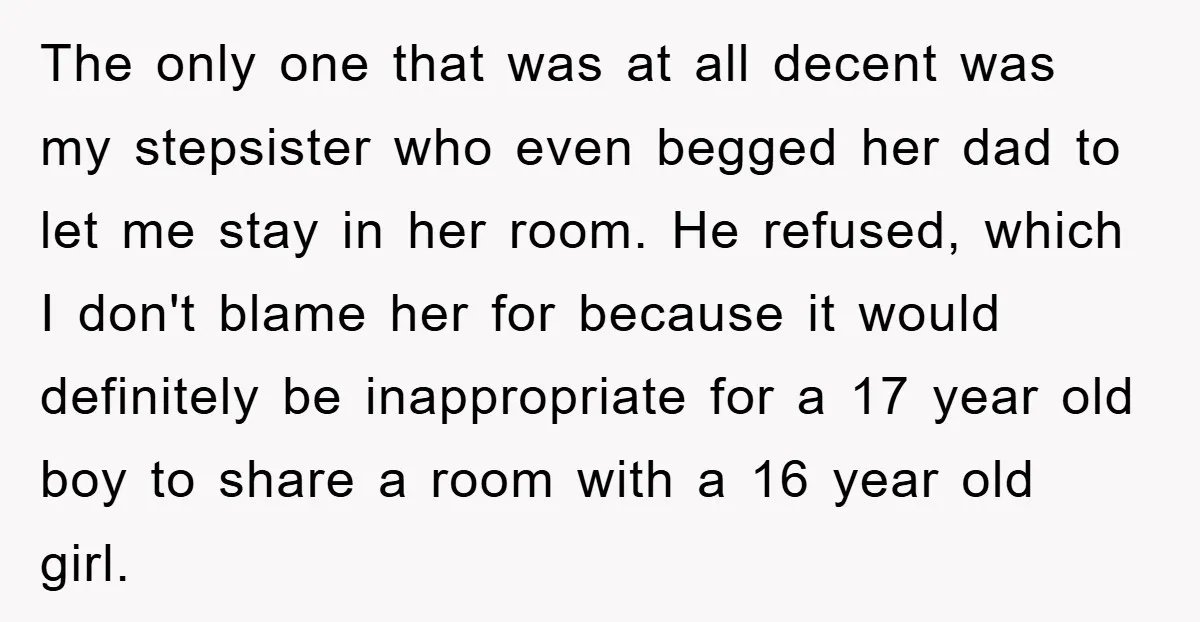 The only one that was at all decent was my stepsister who even begged her dad to let me stay in her room. He refused, which I don't blame her...