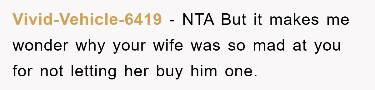 Vivid-Vehicle-6419 − NTA But it makes me wonder why your wife was so mad at you for not letting her buy him one.