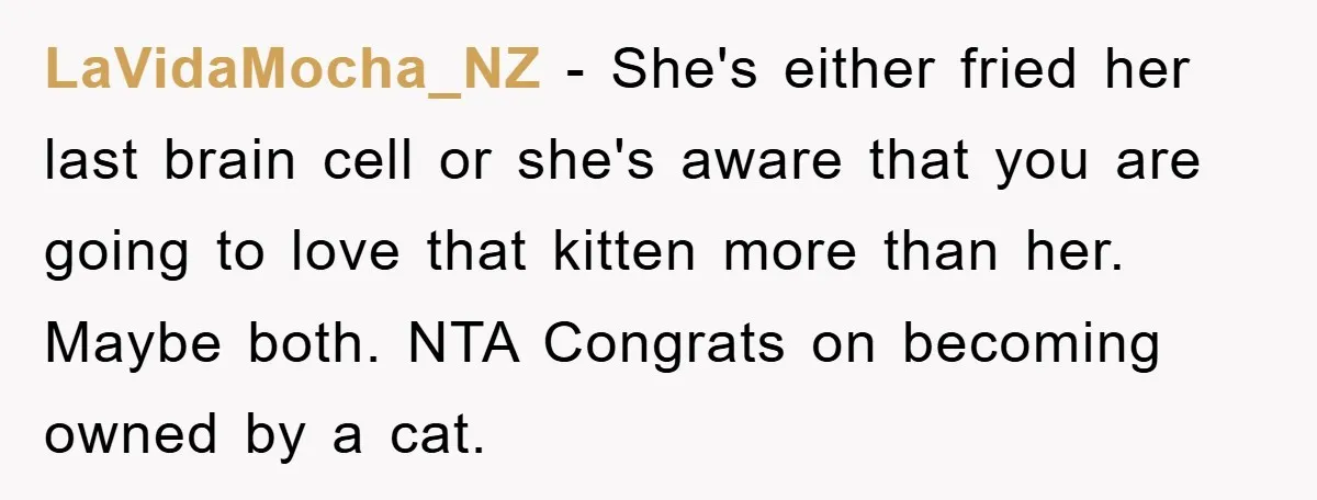 LaVidaMocha_NZ − She's either fried her last brain cell or she's aware that you are going to love that kitten more than her. Maybe both. NTA Congrats on becoming owned...