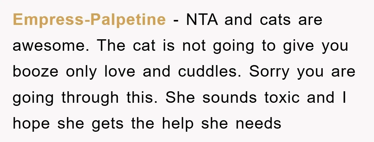 Empress-Palpetine − NTA and cats are awesome. The cat is not going to give you booze only love and cuddles. Sorry you are going through this. She sounds toxic and...