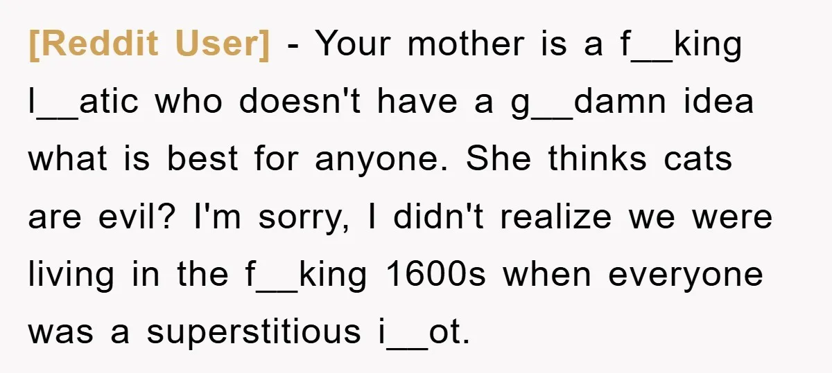 [Reddit User] − Your mother is a f__king l__atic who doesn't have a g__damn idea what is best for anyone. She thinks cats are evil? I'm sorry, I didn't realize...