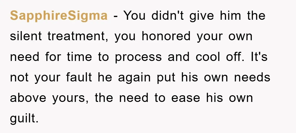 SapphireSigma − You didn't give him the silent treatment, you honored your own need for time to process and cool off. It's not your fault he again put his own...