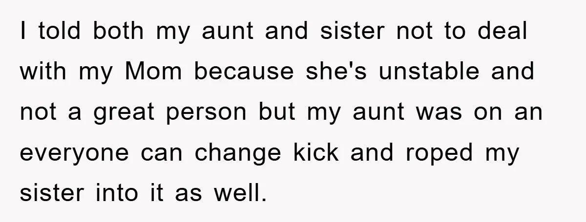 I told both my aunt and sister not to deal with my Mom because she's unstable and not a great person but my aunt was on an everyone can change...