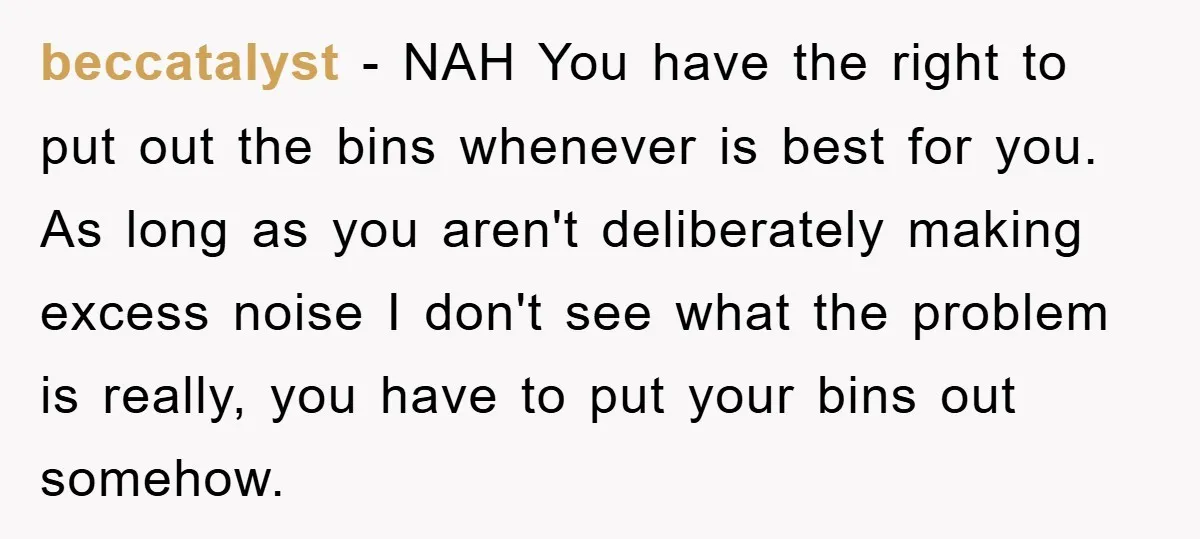 beccatalyst − NAH You have the right to put out the bins whenever is best for you. As long as you aren't deliberately making excess noise I don't see what...