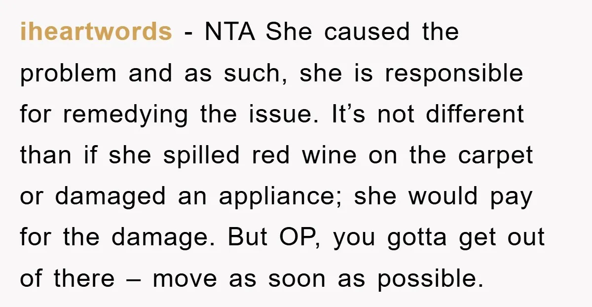 iheartwords − NTA She caused the problem and as such, she is responsible for remedying the issue. It’s not different than if she spilled red wine on the carpet or...