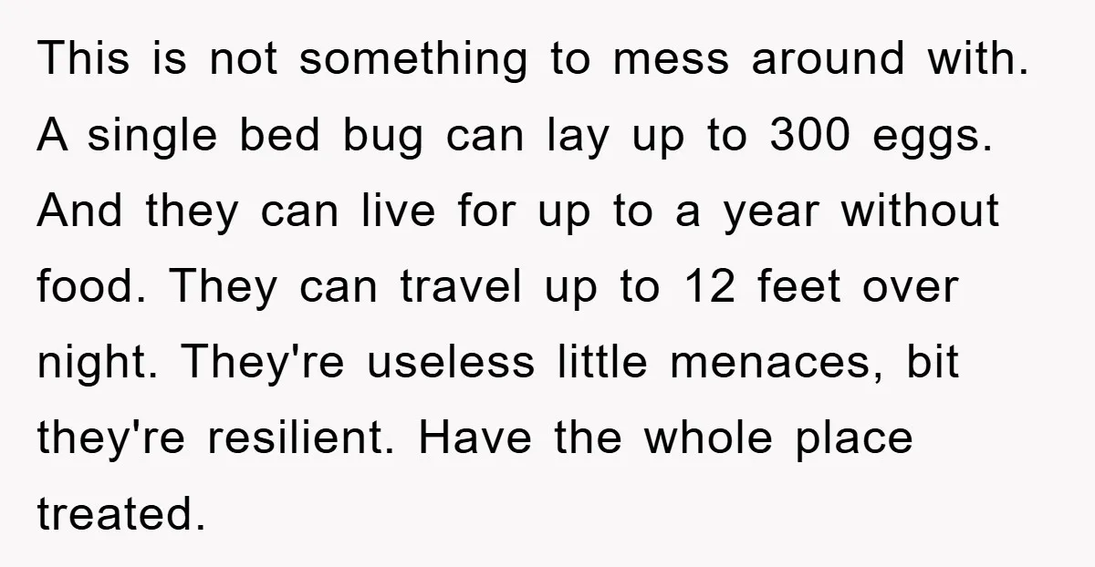 This is not something to mess around with. A single bed bug can lay up to 300 eggs. And they can live for up to a year without food. They...