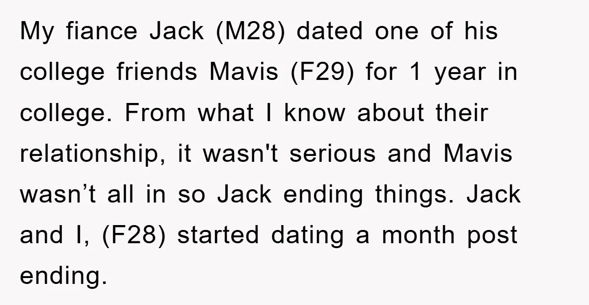 My fiance Jack (M28) dated one of his college friends Mavis (F29) for 1 year in college. From what I know about their relationship, it wasn't serious and Mavis wasn’t...