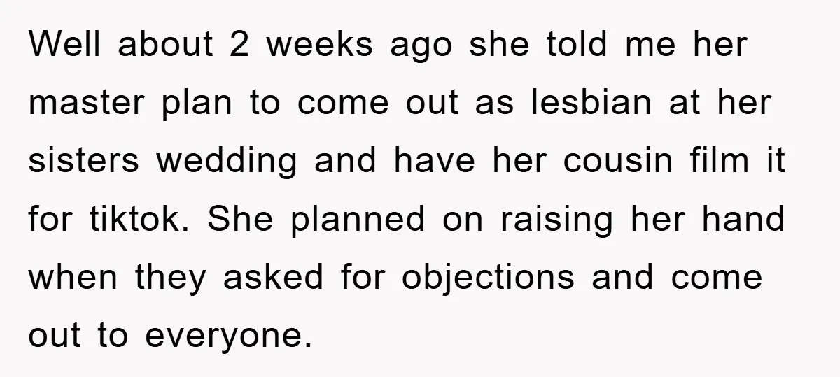 Well about 2 weeks ago she told me her master plan to come out as lesbian at her sisters wedding and have her cousin film it for tiktok. She planned...