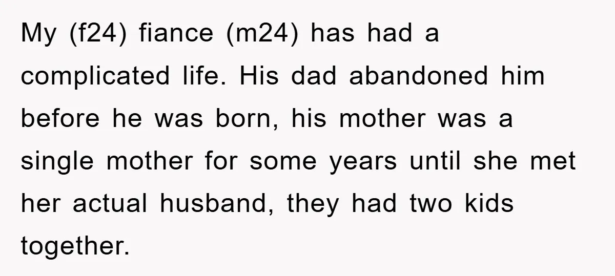 My (f24) fiance (m24) has had a complicated life. His dad abandoned him before he was born, his mother was a single mother for some years until she met her...