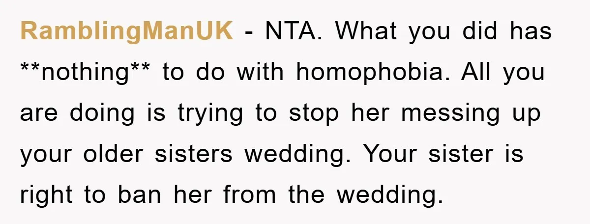RamblingManUK − NTA. What you did has **nothing** to do with homophobia. All you are doing is trying to stop her messing up your older sisters wedding. Your sister is...
