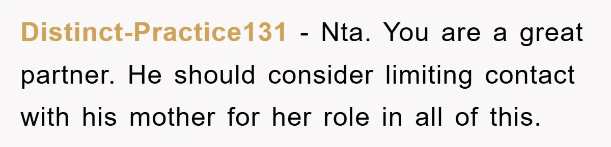Distinct-Practice131 − Nta. You are a great partner. He should consider limiting contact with his mother for her role in all of this.