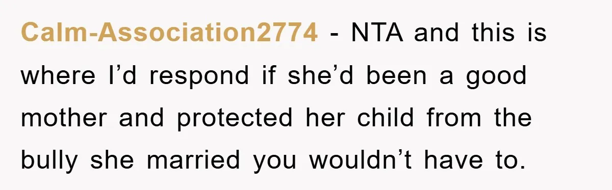 Calm-Association2774 − NTA and this is where I’d respond if she’d been a good mother and protected her child from the bully she married you wouldn’t have to.