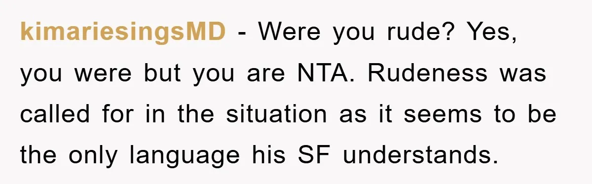 kimariesingsMD − Were you rude? Yes, you were but you are NTA. Rudeness was called for in the situation as it seems to be the only language his SF understands.