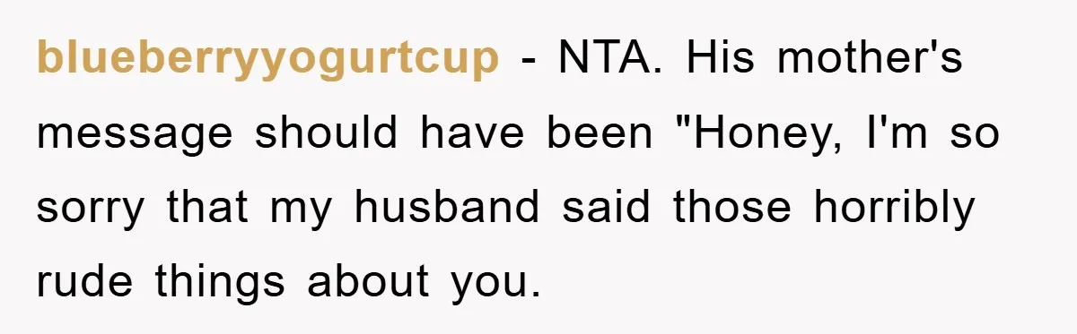 blueberryyogurtcup − NTA. His mother's message should have been "Honey, I'm so sorry that my husband said those horribly rude things about you.