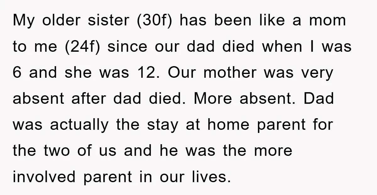 My older sister (30f) has been like a mom to me (24f) since our dad died when I was 6 and she was 12. Our mother was very absent after...