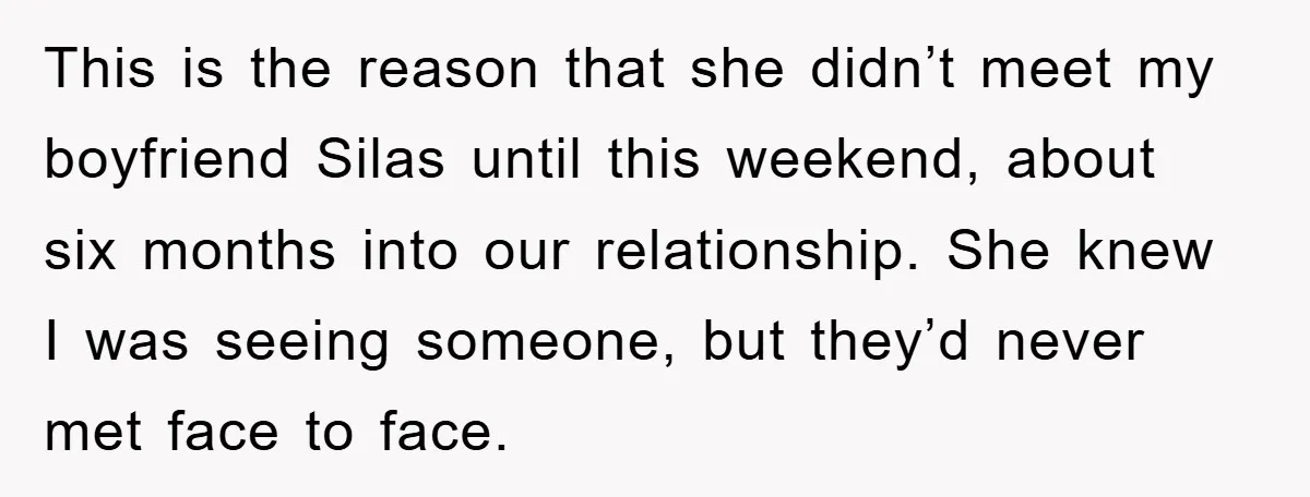 This is the reason that she didn’t meet my boyfriend Silas until this weekend, about six months into our relationship. She knew I was seeing someone, but they’d never met...