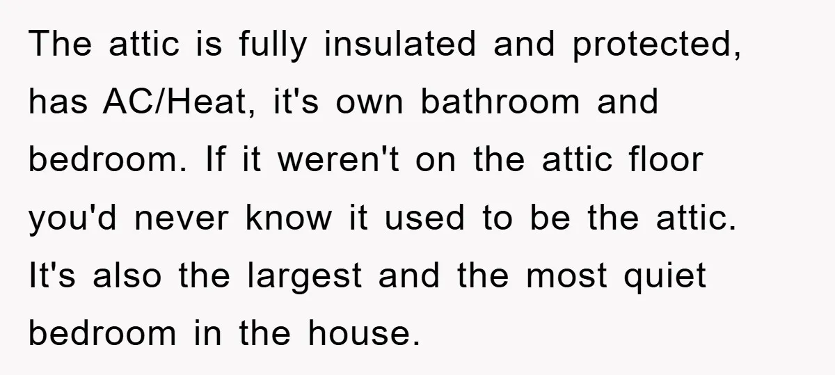 The attic is fully insulated and protected, has AC/Heat, it's own bathroom and bedroom. If it weren't on the attic floor you'd never know it used to be the attic....