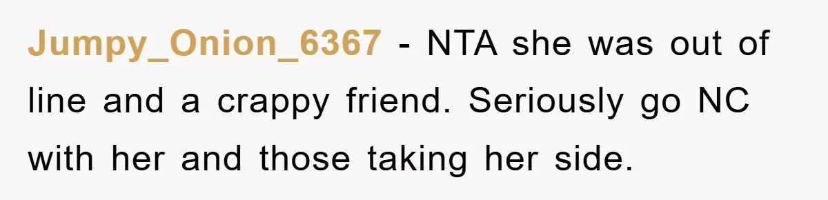 Jumpy_Onion_6367 − NTA she was out of line and a crappy friend. Seriously go NC with her and those taking her side.