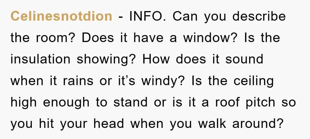 Celinesnotdion − INFO. Can you describe the room? Does it have a window? Is the insulation showing? How does it sound when it rains or it’s windy? Is the ceiling...