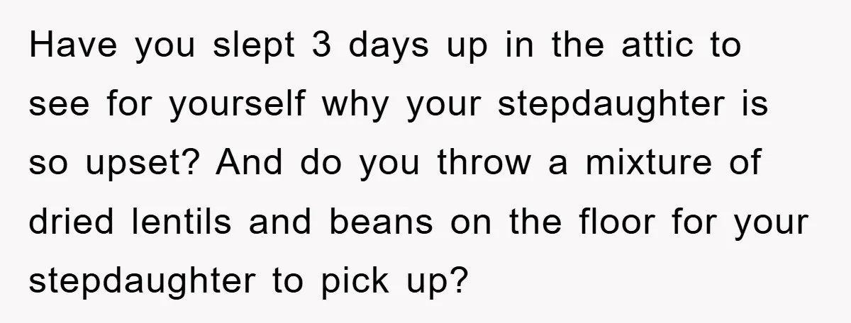 Have you slept 3 days up in the attic to see for yourself why your stepdaughter is so upset? And do you throw a mixture of dried lentils and beans...