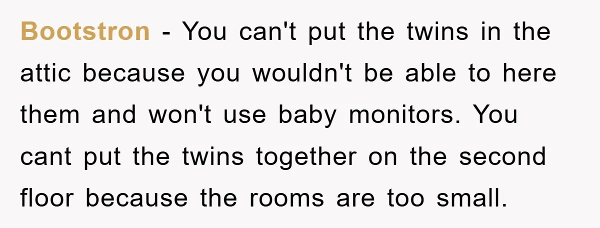 Bootstron − You can't put the twins in the attic because you wouldn't be able to here them and won't use baby monitors. You cant put the twins together on...