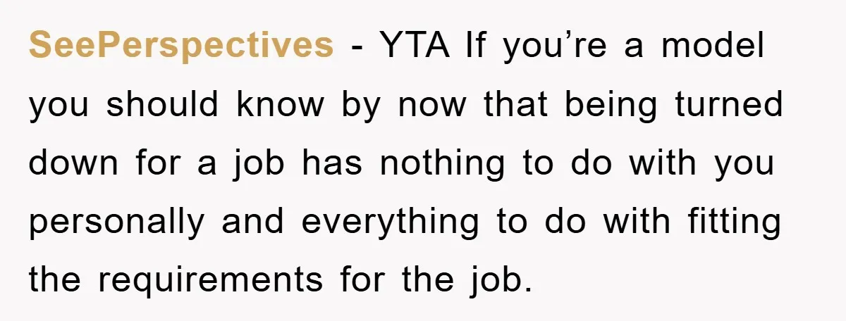 SeePerspectives − YTA If you’re a model you should know by now that being turned down for a job has nothing to do with you personally and everything to do...