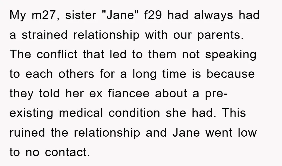 My m27, sister "Jane" f29 had always had a strained relationship with our parents. The conflict that led to them not speaking to each others for a long time is...