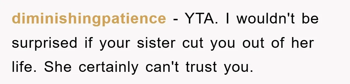 diminishingpatience − YTA. I wouldn't be surprised if your sister cut you out of her life. She certainly can't trust you.