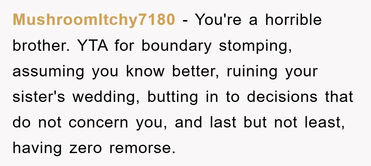 MushroomItchy7180 − You're a horrible brother. YTA for boundary stomping, assuming you know better, ruining your sister's wedding, butting in to decisions that do not concern you, and last but...