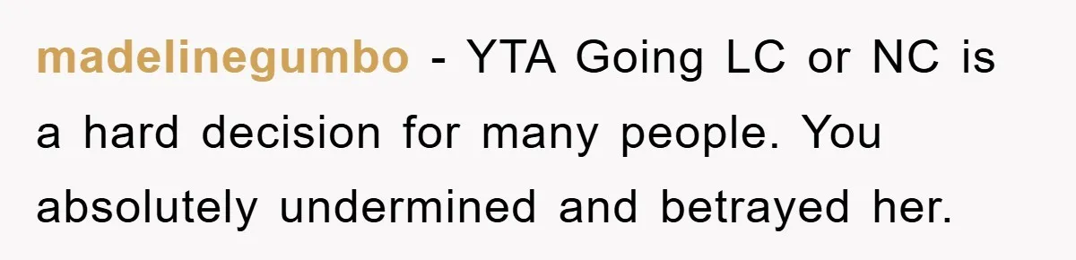 madelinegumbo − YTA Going LC or NC is a hard decision for many people. You absolutely undermined and betrayed her.