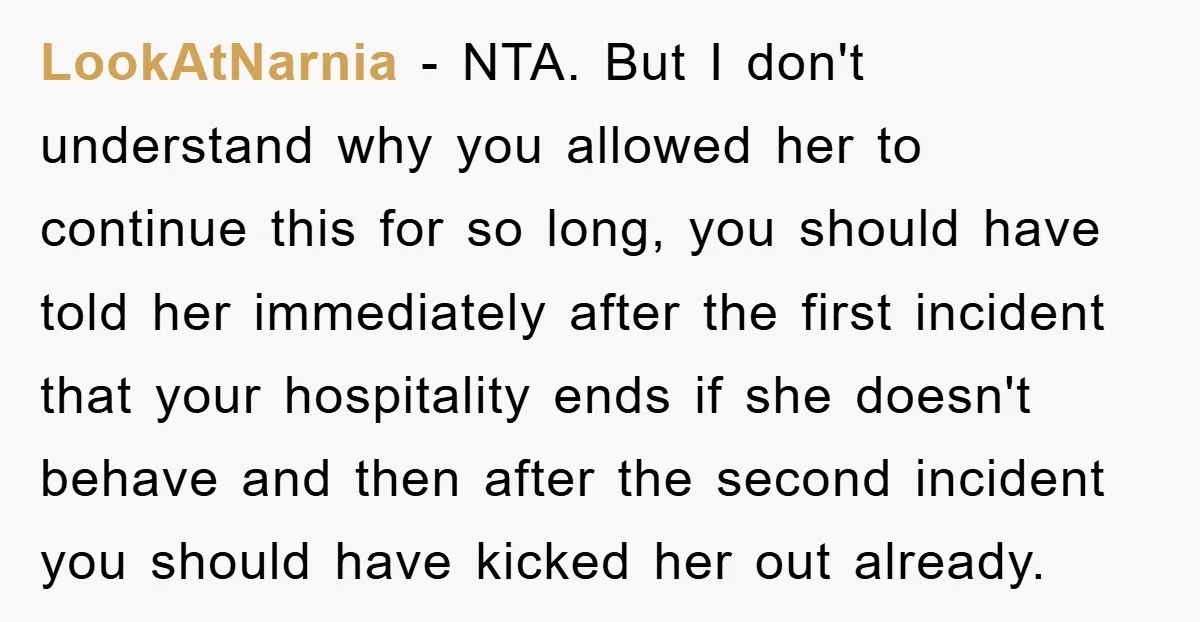 LookAtNarnia − NTA. But I don't understand why you allowed her to continue this for so long, you should have told her immediately after the first incident that your hospitality...