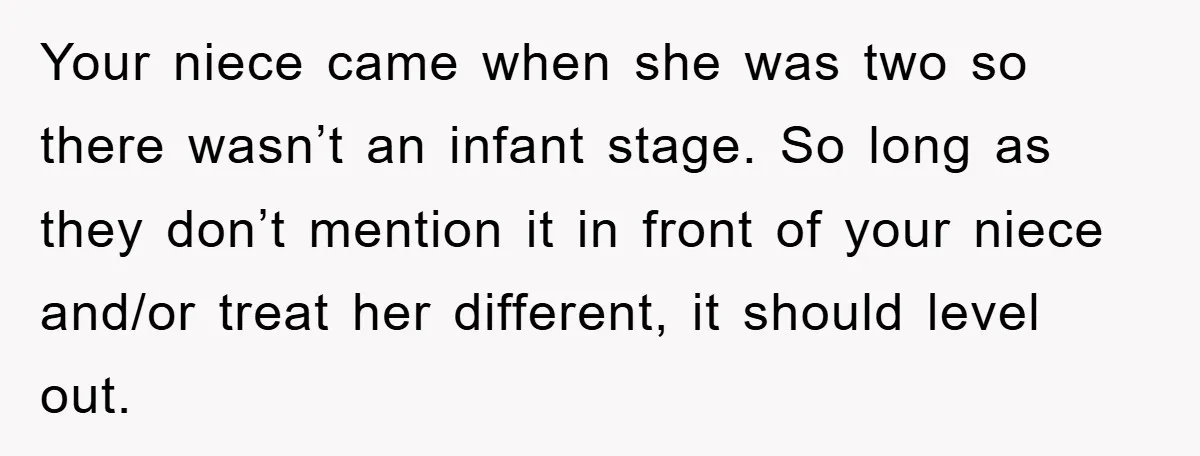 Your niece came when she was two so there wasn’t an infant stage. So long as they don’t mention it in front of your niece and/or treat her different, it...